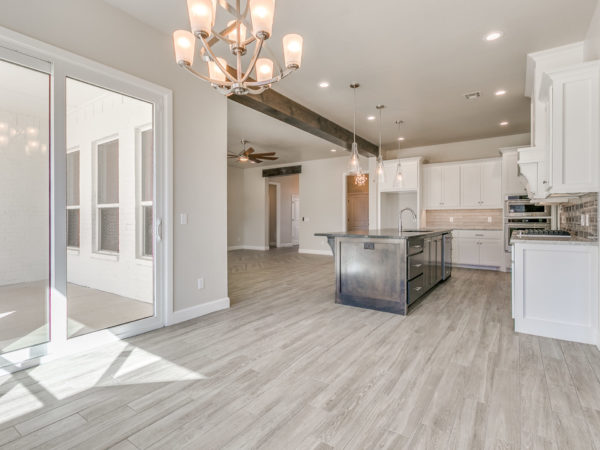 house interior, kitchen with beam, living room with beam