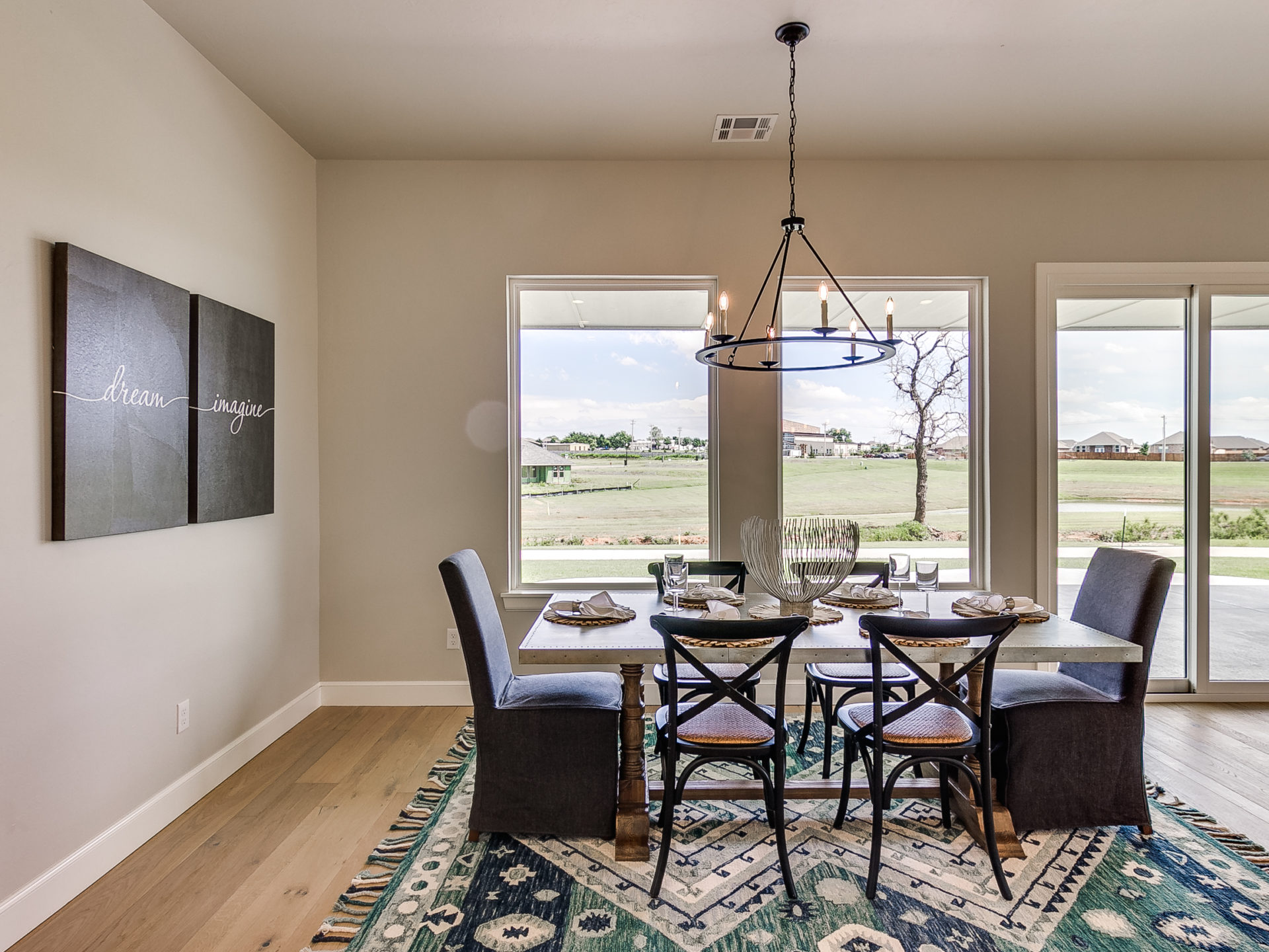 house interior, dining room with big windows