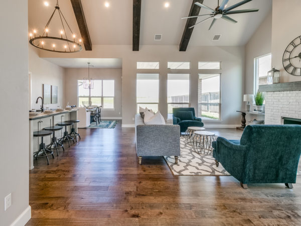 house interior, combined living/kitchen/dining with beams